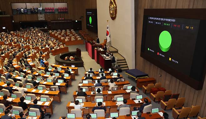 30일 국회 본회의에서 '출생통보제' 도입을 위한 '가족관계 등록 등에 관한 법률 개정안'을 의결하고 있다. /연합뉴스