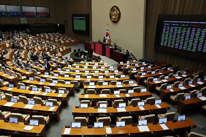 30일 오후 국회 본회의에서 후쿠시마 오염수 방류 철회 촉구 결의안이 야당 단독으로 채택되고 있다. 사진=연합뉴스