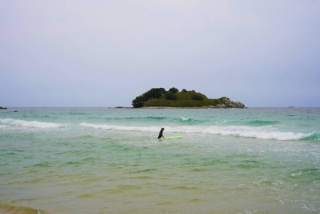 A surfer tries to find a wave at Hwajinpo Beach in Goseong, Gangwon Province, on June 19. (Lee Si-jin/The Korea Herald)