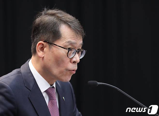 김성태 IBK기업은행장이 11일 오전 서울 중구 은행회관에서 취임 100일 기자간담회를 하고 있다. 2023.4.11/뉴스1 ⓒ News1 신웅수 기자