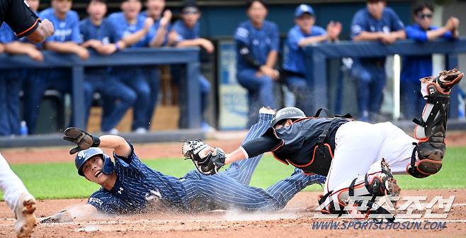 이재현이 홈에서 세이프되고 있다. 한화 포수는 최재훈. 대구=허상욱 기자 wook@sportschosun.com