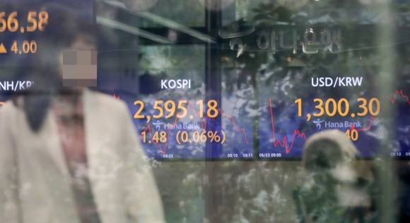 6월23일 오전 서울 중구 명동 하나은행 딜링룸 전광판. /사진=뉴스1