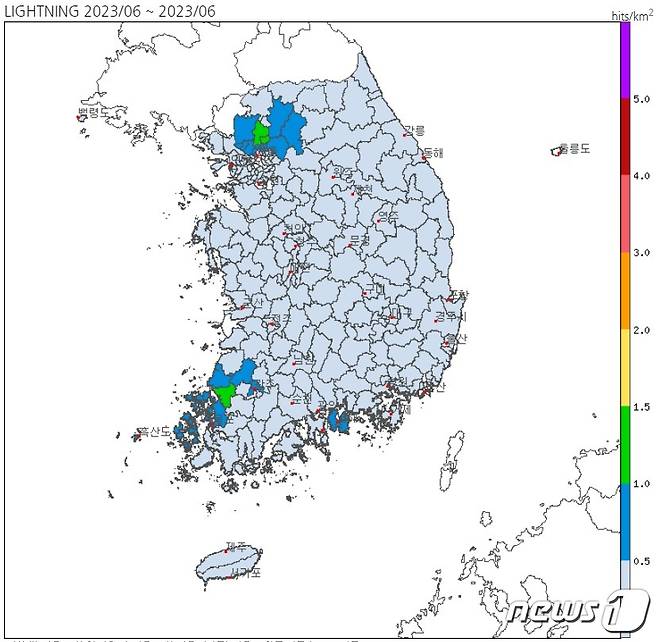 행정구역별 낙뢰발생빈도(기상청 제공) ⓒ 뉴스1