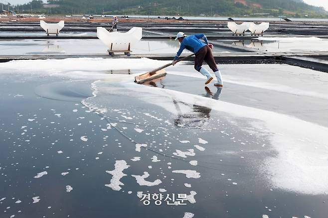 전남의 한 염전에서 노동자가 소금을 모으고 있다. 전남도 제공