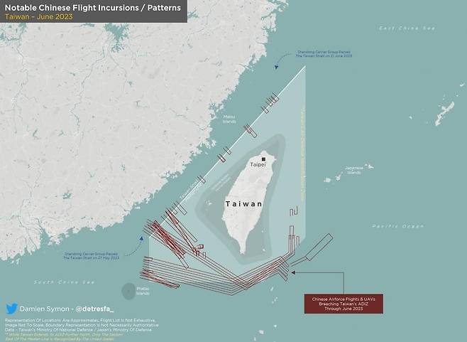올해 6월 대만 ADIZ를 침범한 중국 군용기 항적 분석 자료  [데이미언 시몬 트위터 캡처, 재판매 및 DB 금지]