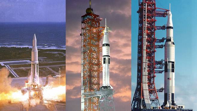 미 항공우주국의 새턴 로켓의 3가지 버전. 왼쪽부터 새턴 1형, 새턴 1B형, 새턴 5형. 출처: NASA