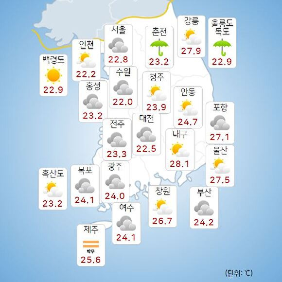 5일 오전 9시 현재 전국 날씨. [사진=기상청 날씨누리]