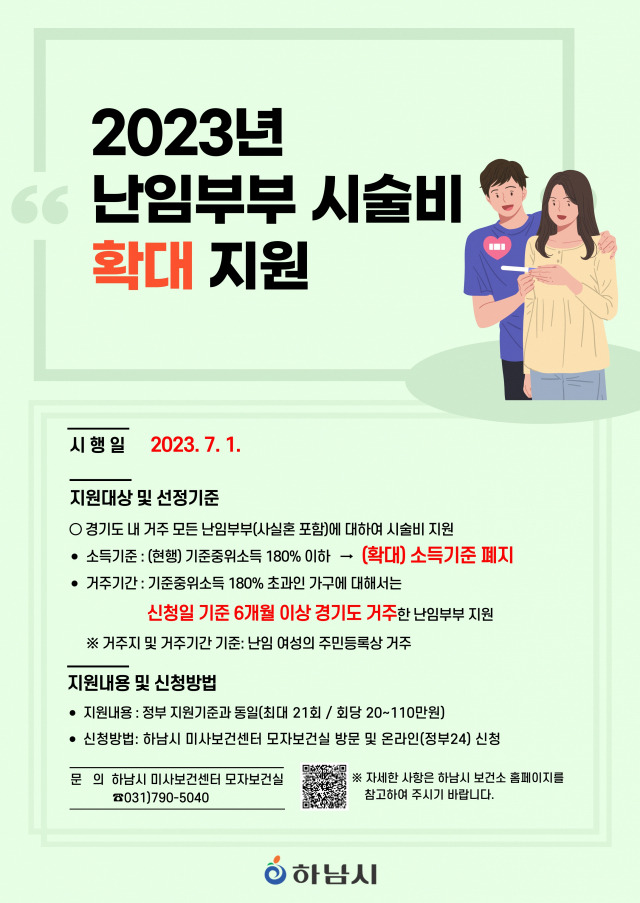 ▲하남시가 소득기준을 전면 폐지해 모든 난임부부에게 시술비를 지원한다. ⓒ하남시