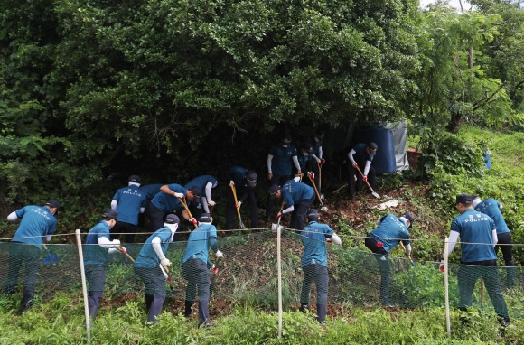 부산 암매장 영아 수색 - 경찰이 5일 오전 ‘투명 아동’ 시신이 암매장된 곳으로 추정되는 부산 기장군 기장읍의 한 야산에서 수색 작업을 하고 있다. 이 야산은 아동학대치사 혐의로 불구속 입건된 40대 친모 A씨가 2015년 2월 생후 8일 된 딸을 유기했다고 지목한 곳이다. 부산 뉴스1