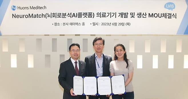 지난달 29일 성남 판교 휴온스 그룹 사옥에서 휴온스메디텍과 뉴로매치 의료기기 공동개발 및 생산 MOU를 체결한 이진형 엘비스 창업자(오른쪽) [휴온스메디텍 제공. 재판매 및 DB 금지]