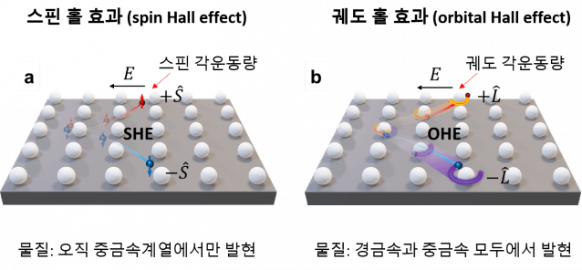 스핀 홀 효과(왼쪽)와 궤도 홀 효과(오른쪽) 비교. 전자(빨간색, 파란색 구)는 원자핵 (회색 구) 주변의 공전 방향에 따라서 궤도 각운동량을 가진다. 궤도 각운동량을 가진 전자는 전기장에 의한 힘 방향으로(그림에서 오른쪽) 똑바로 흘러가지 않고 시계 반대방향(궤도 각운동량이 +L인 경우) 또는 시계방향(궤도 각운동량이 –L인 경우)으로 휘게 되는데 궤도 각운동량 때문에 전자 궤적이 휘는 현상을 궤도 홀 효과 (orbital Hall effect, OHE)라고 한다. 이 궤도 홀 효과는 전자소자에서 전자의 궤적을 제어하는 원리를 제공한다. (자료=Choi et al., Nature)