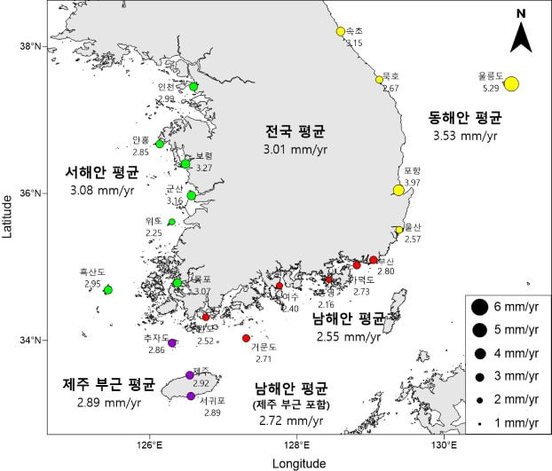 1989년~2021년 33년간 해수면 상승 분포도. /해수부 제공