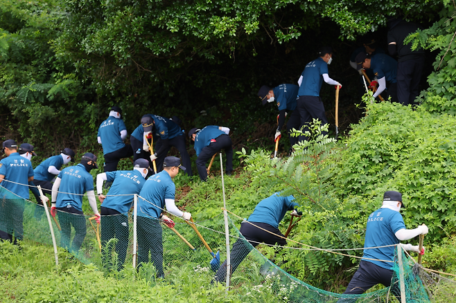 5일 오전 경찰이 영아 시신이 암매장 된 것으로 추정되는 부산 기장군 기장읍 죽성리 한 야산을 수색하고 있다. 연합뉴스