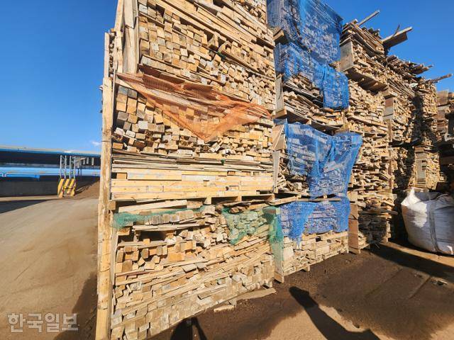 인천시의 한 보드생산업체에 건설현장 등에서 나온 폐목재들이 쌓여 있다. 폐목재들은 잘게 부숴 재생칩으로 만들어진 뒤 파티클보드(PB) 등 보드 제조 원료로 쓰인다. 인천=나주예 기자