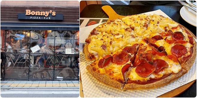 미국에서 맛보는 듯한 보니스피자펍.하와이안과 페페로니가 반반 섞인 피자가 시그니처 메뉴다.