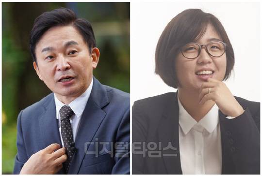 원희룡(왼쪽) 국토교통부 장관과 용혜인 기본소득당 의원. <디지털타임스 DB>
