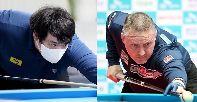 프로당구 2023-24시즌 2차투어 '실크로드&안산 PBA-LPBA 챔피언십' PBA 8강전에서 맞붙는 선지훈-프레드릭 쿠드롱. (프로당구협회 PBA 제공)