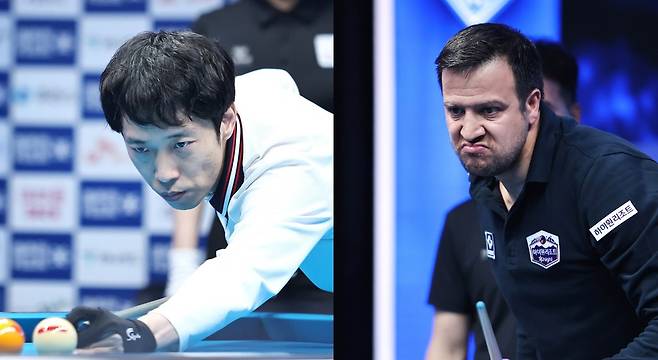 프로당구 2023-24시즌 2차투어 '실크로드&안산 PBA-LPBA 챔피언십' PBA 8강전에서 맞붙는 박인수-루피 체넷. (프로당구협회 PBA 제공)