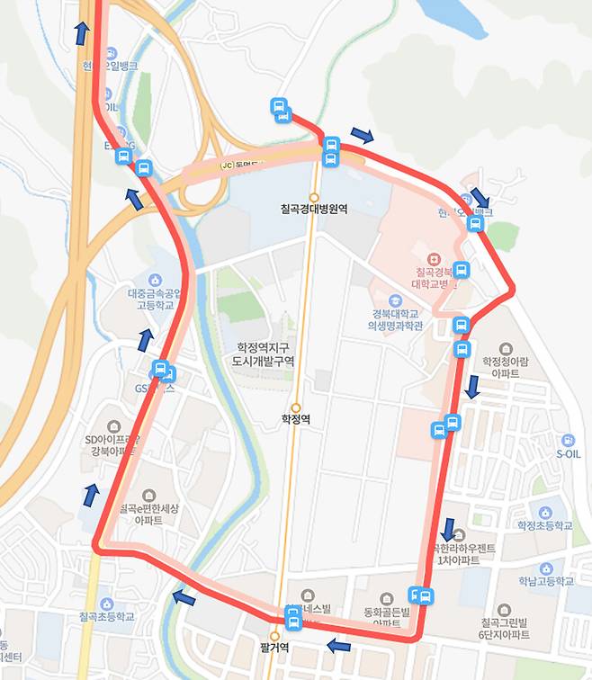 대구교통공사가 9일 대구에서 군위로 가는 급행9번 시내버스를 탈 때 팔거역 정류장에서 타면 훨씬 편리하다고 안내했다. 대구시 제공