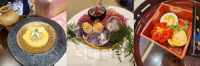 애견 오마카세 코스요리. 왼쪽부터 선라이즈 대구르르, 신비한 비밀화원, 봄소풍 요리. (사진=백주아 기자)