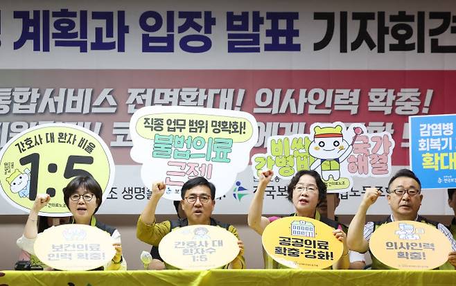 10일 영등포구 보건의료노조에서 열린 총파업 투쟁 계획과 입장발표 기자회견에서 나순자 위원장 등이 구호를 외치고 있다.(사진=연합뉴스)