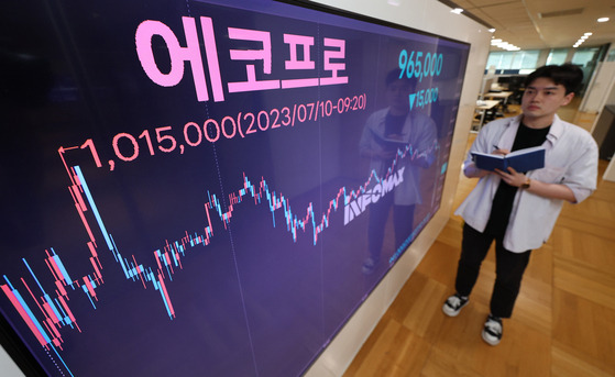 EcoPro stock passed the 1-million-won ($760) mark to reach 1.015 million won at 9:20 a.m. Monday. The battery materials maker turned in earlier gains to close at 965,000 won, down 1.53 percent from the previous session. EcoPro shares were 110,000 won per share in January. [YONHAP]