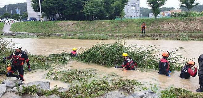 11일 오전 10시 20분께 경기도 여주시 소양천에서 70대 남성이 빗물에 불어난 하천에 휩쓸려 숨지는 사고가 났다. 사진은 119 구조대원들의 수색 모습 ⓒ경기도소방재난본부