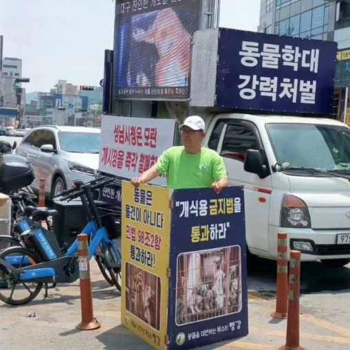 경기 성남시 중원구 성남동 모란시장에서는 개사육과 도살이 이뤄지지 않고 있지만 여전히 고기는 판매하고 있다. 동물보호단체 박운선 행강 대표가 모란시장 앞에서 개고기 판매 금지를 요구하는 시위를 하고 있다. 행강 제공
