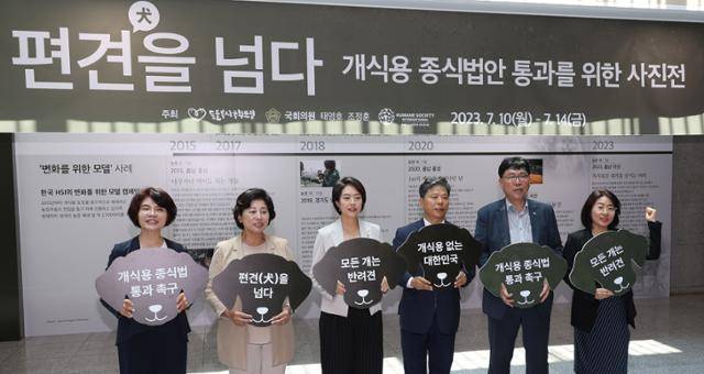 한정애(왼쪽부터), 남인순, 고민정, 서영석 더불어민주당 의원, 김지향 국민의힘 서울시의원이 10일 오후 서울 여의도 국회 의원회관에서 열린 '개식용 종식법안 통과를 위한 사진전'에서 '모든 개는 반려견' 등이 적힌 손팻말을 들고 있다. 연합뉴스