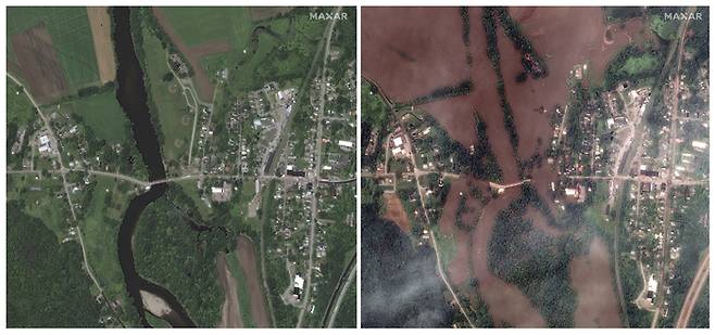 미국의 상업위성업체 맥사테크놀로지가 촬영한 미 버몬트주 리치몬드 위누스키강의 홍수 전후 모습. 왼쪽 사진이 2019년 6월27일 촬영된 것이고, 오른쪽은 7월11일 홍수가 범람한 모습이다. 버몬트주에서는 이날까지 이틀간 최대 2개월치의 집중호우가 쏟아져 도시 곳곳이 침수됐다. 맥사테크놀로지/AP연합뉴스