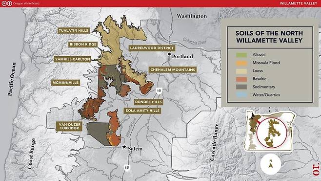 북부 윌라맷 밸리 토양 종류와 분포.&nbsp; &nbsp;&nbsp;출처 오리건 와인 보드