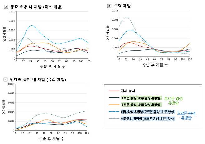 유방암 아형별 연간 재발 발생 패턴.