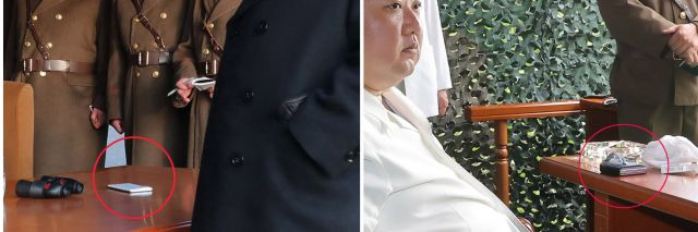 김정은 북한 국무위원장이 12일 신형 고체연료 대륙간탄도미사일(ICBM ) ‘화성-18형’ 시험발사를 시찰한 현장에서 폴더블 스마트폰으로 추정되는 물체가 포착됐다(오른쪽 사진). 왼쪽 사진은 김 위원장이 지난 3월 9일 서부전선의 중요작전임무를 담당하고 있는 화성포병부대의 화력습격훈련을 현지지도한 현장에서 포착된 흰색 일체형 스마트폰. 연합뉴스