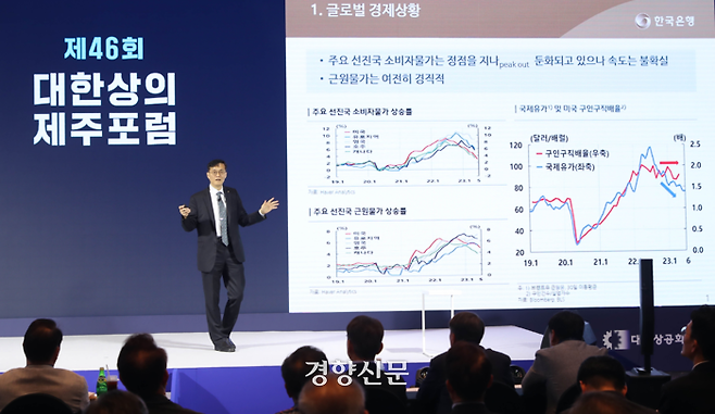 이창용 한국은행 총재가 14일 대한상공회의소 제주포럼에서 ‘글로벌 경제동향과 기업의 대응방안’을 주제로 강연하고 있다. 대한상의 제공