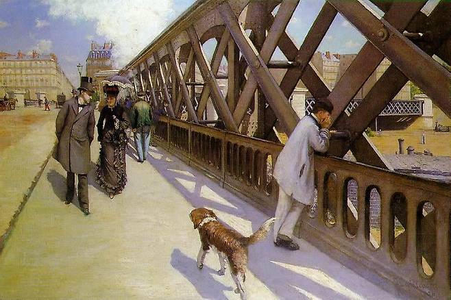 'Le Pont de l'Europe'(1876). 그의 그림 속 등장인물들은 서로 깊이 교류하지 않는다. 이 때문에 그의 작품에서 에드워드 호퍼를 연상하는 사람들도 많다. 이런 거리감은 카유보트가 생전 느꼈던 외로움의 표현이라는 해석도 있다. /쁘띠 팔레 소장