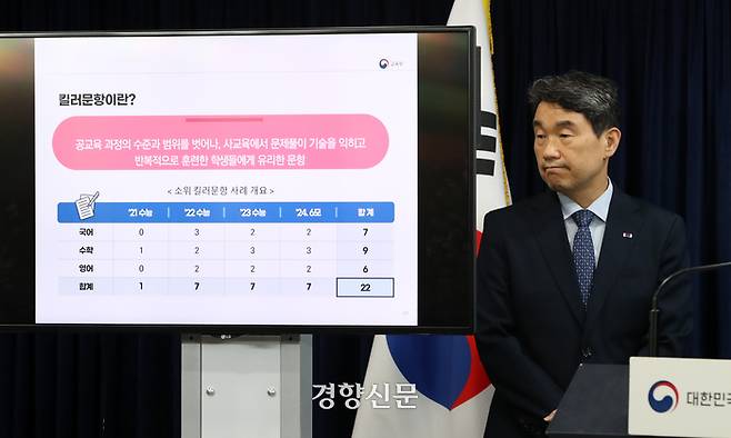 이주호 사회부총리 겸 교육부 장관이 지난 6월 26일 서울 종로구 정부서울청사에서 사교육 경감 대책 발표 중 킬러 문항(초고난도 문항) 사례 설명을 듣고 있다. / 조태형 기자