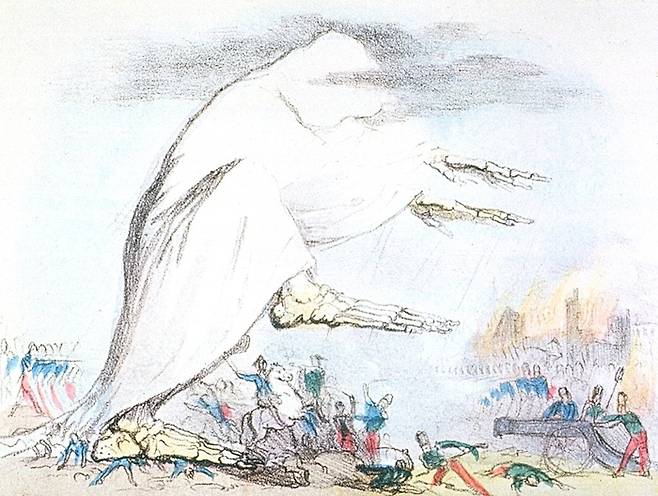 미아스마는 ‘독기 이론’이라고도 통한다. 나쁜 공기가 질병을 일으킨다는 믿음은 19세기 콜레라 창궐시기까지 이어졌다. 로버트 시모어의 1831년 삽화. 콜레라가 공기를 통해 전염된다는 믿음을 그린 작품이다.