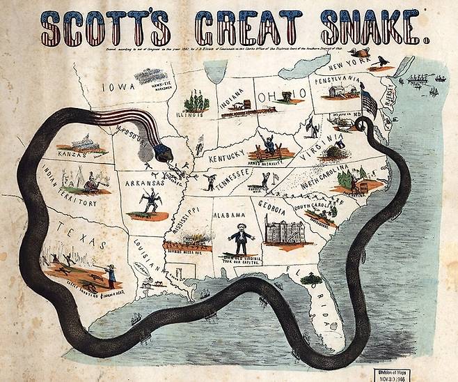 미국 남북전쟁 당시 북부연합이 남부의 무역을 봉쇄하려는 내용을 담은 삽화. 스콧 장군의 ‘아나콘다 계획’이라고도 불린다.