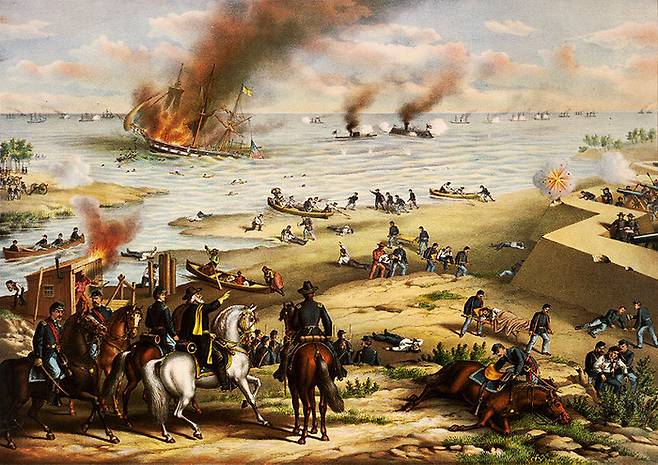 남북 전쟁 당시 벌어진 햄프턴 로드 전투 그림. 커츠 & 앨리슨의 1889년 작품. 미국의회도서관 소장품.
