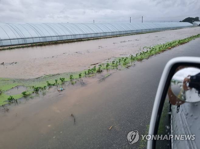 계속된 집중호우에 침수 (서울=연합뉴스) 집중호우가 이어진 15일 논산 상월면 숙진리 일대가 침수돼 있다. 2023.7.15 [독자 제공. 재판매 및 DB 금지] photo@yna.co.kr