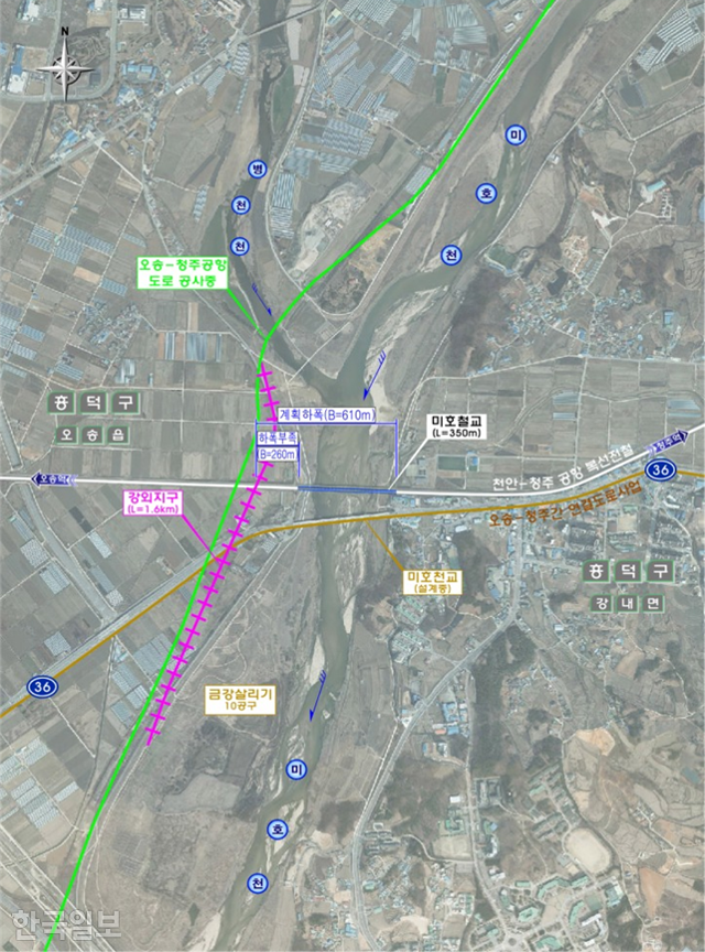 미호천 강외지구 하천정비사업 위치도. 이번 폭우에서 범람한 미호천교와 미호철교 인근 하천 폭을 대폭 확장해 홍수를 방지하려 했다. 대전지방국토관리청 보도자료 캡처