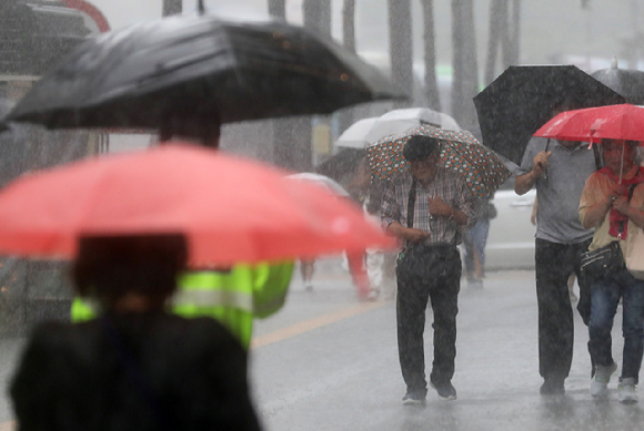 장마가 이어진 서울 중구 을지로1가 사거리 인근에서 우산을 쓴 시민들이 발걸음을 재촉하고 있다. [사진=뉴시스]