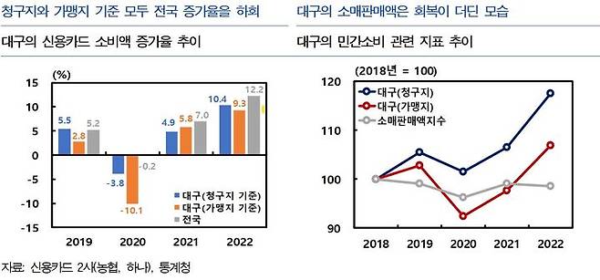 [대구=뉴시스] 신용카드 소비액 증가율 추이, 민간소비 관련 지표 추이. (그래픽 = 한국은행 대구경북본부 제공) 2023.07.17. photo@newsis.com *재판매 및 DB 금지