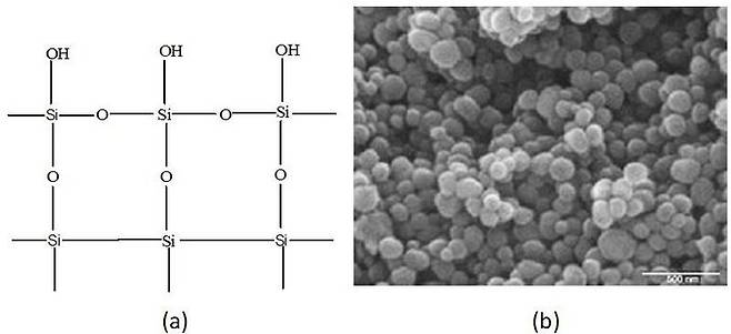 (a)실리카겔 구조 (b) 전자 현미경으로 들여다 본 실리카겔. 출처=www.intechopen.com