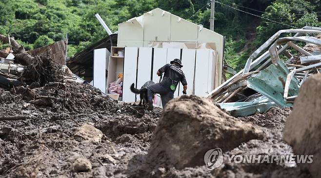 예천 실종자 수색·복구 작업 (예천=연합뉴스) 김동민 기자 = 17일 오후 경북 예천군 효자면 산사태 피해 현장에서 실종자 수색 및 복구 작업이 펼쳐지고 있다. 2023.7.17 image@yna.co.kr