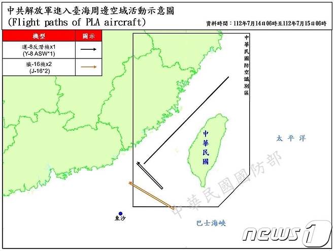 대만 국방부는 15일 오전 6시 기준 하루 동안 중국이 군함 16척을 대만 인근에 파견했다고 밝혔다. 이는 지난해 8월 낸시 펠로시 당시 미 하원의장의 대만 방문 이후 중국이 파견한 14척을 뛰어넘는 규모다. 2023.07.18/뉴스1(대만국방부 제공)