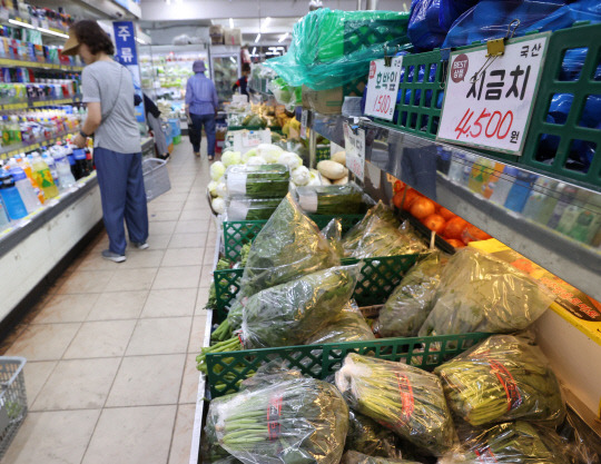 집중호우로 인해 농산물 생산에 지장이 가며 시금치와 상추, 오이 등의 농산물 가격이 크게 오른 18일 오후 서울 서대문구 영천시장에서 시민들이 채소를 고르고 있다. [연합뉴스]