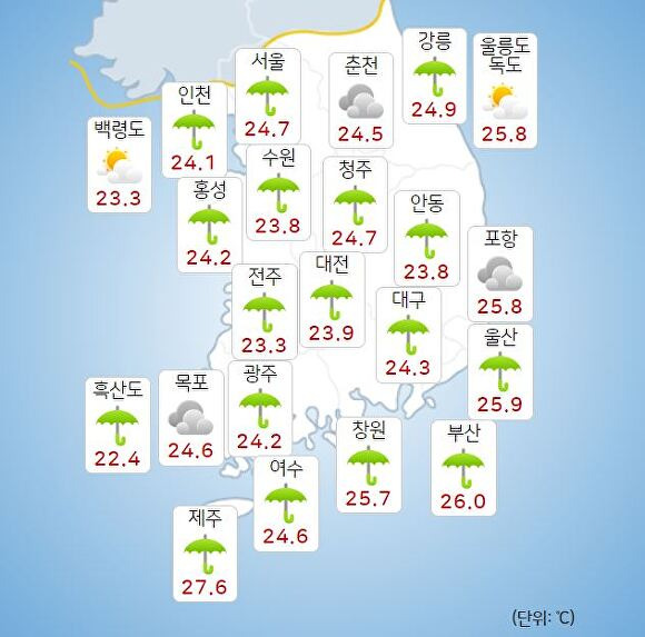 18일 오전 9시 현재 전국 날씨. [사진=기상청 날씨누리]