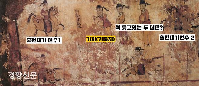 덕흥리 고분의 마상궁술대회 장면. 먼저 출전한 두 선수가 경기를 펼치는 동안 심판은 무엇이 그렇게  재미있는지 씩 웃고 있다. 좌우의 두 선수는 촐전을 기다리고 있는데 자못 긴장한 표정이다. 그 사이에서 기자(기록자)가 열심히 경기상황을 기록하고 있다.