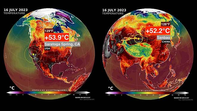 지난 16일 미국과 중국의 내륙 사막지역에선 최고기온 50도를 넘는 폭염이 기록됐다. 그래픽: 스코틀랜드 기후학자 스콧 던컨(scott duncan) SNS
